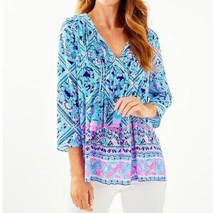 Lilly Pulitzer Marilina Tunic Top Size XS Meet Me On The Dock Pintuck Tassel Tie
